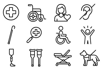 Healthcare & accessibility line icon set. Disability, adaptive aids, support, therapy outline icons. Vector wheelchair, crutches, prosthetic leg, guide dog, deaf symbol.