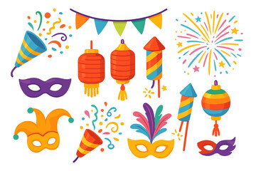 Set of carnival and party elements. Vector icons of fireworks, confetti poppers, festival masks, and Chinese lanterns. Colorful celebration and holiday decoration graphics.