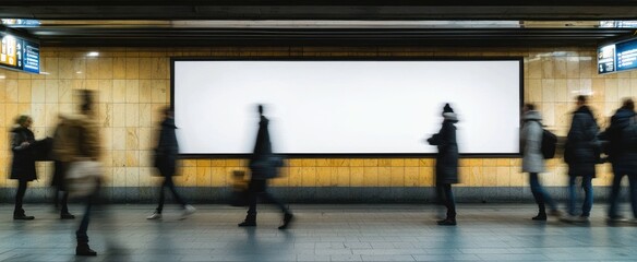 Blurred People Walking Past a Blank Billboard in a Subway Station