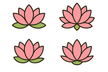 Set of pink lotus flower icons. Vector symbols for yoga studio, spa salon, beauty, and wellness logo. Zen meditation, harmony, and spiritual floral concepts. Isolated cartoon graphic.