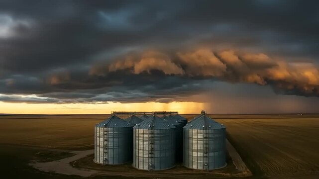 Dramatic sunset over silos with storm clouds, showcasing nature's power in rural landscape