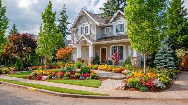 A beautiful two-story house with a well-maintained front yard, surrounded by trees and flowers in a suburban neighborhood. - Powered by Adobe