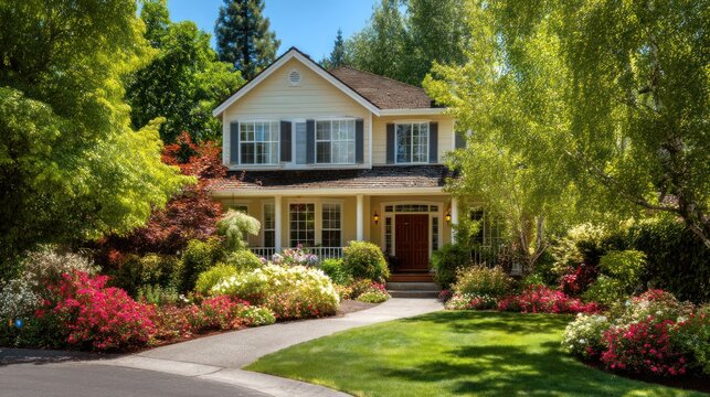 A beautiful two-story house with a well-maintained front yard, surrounded by trees and flowers in a suburban neighborhood. - Powered by Adobe