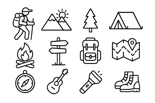 Hiking and camping line icon set. Outdoor adventure and nature exploration outline icons. Mountain, forest, tent, campfire, map vector symbols for travel and tourism.