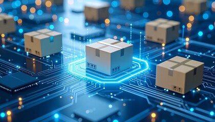 A futuristic circuit board with glowing boxes, Innovative technology package delivery system, Generated with AI.