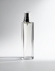 Elegant Clear Glass Perfume Bottle with Silver Sprayer on a White Surface