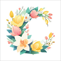 letter C wreathe with pastel flowers, like lily, tulip orchids and leaves, realistic style and minimal not too many
