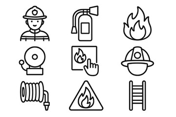 Fire safety line icon set with firefighter, equipment, and emergency symbols. Vector outline icons of extinguisher, alarm, flame, hose, helmet, ladder, and warning sign.