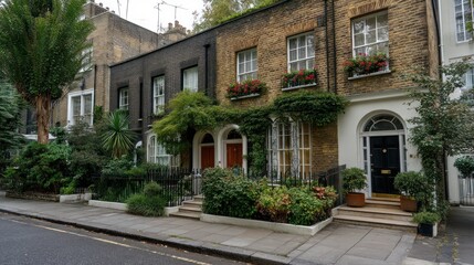 Naklejka premium A charming Georgian townhouse in the heart of London, with unique architectural features and a well-maintained garden.