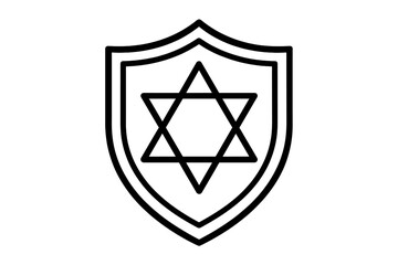 Star of David on a shield icon. Jewish symbol vector line art. Magen David protection emblem. Judaism religion sign. Israel national symbol. Isolated graphic element design.