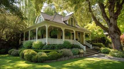 Obraz premium A charming summer home with a wraparound porch, surrounded by a well-manicured garden and sunny skies.