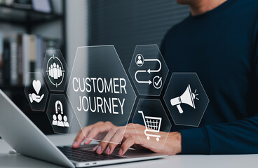 Customer journey concept showing a person working on a laptop with digital icons representing touchpoints, engagement, loyalty, marketing, and conversion path in customer experience strategy.