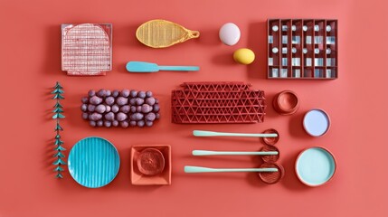 Flat lay of colorful kitchen utensils styled culinary photography concept