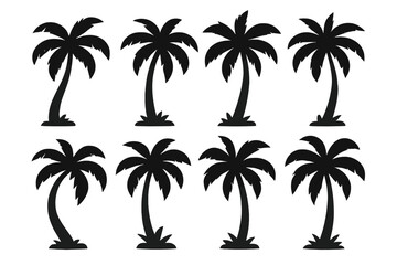 Obraz premium Set of black palm tree silhouettes. Vector collection of isolated tropical coconut trees for summer beach design. Exotic island nature symbol. Modern flat cartoon style graphic.