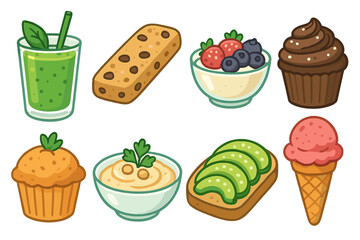 Variety of plant-based food items. Healthy vegan snacks and desserts. Vector cartoon illustration. Green smoothie, avocado toast, hummus, granola bar, muffin, and ice cream.
