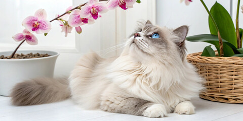A luxurious long-haired cat with soft cream and silver fur and striking bright blue eyes, lying gracefully on a clean white surface in a calm indoor setting.