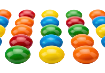 Vibrant, glossy hard candies arranged in a precise geometric grid pattern on a stark white background, high-key macro studio shot, manufactured perfection and artificial beauty concept