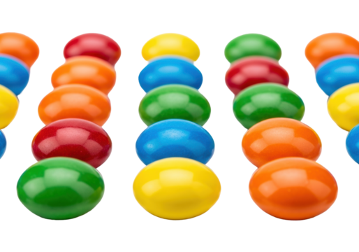 Vibrant, glossy hard candies arranged in a precise geometric grid pattern on a stark white background, high-key macro studio shot, manufactured perfection and artificial beauty concept