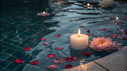 A candle burning in a river rose petals