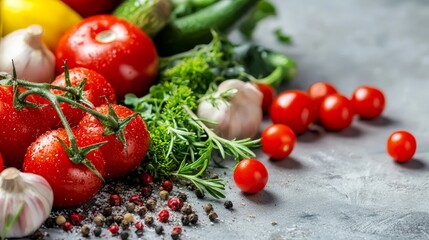 Fresh tomatoes and vegetables styled market food photography concept healthy nutrition inspiration design