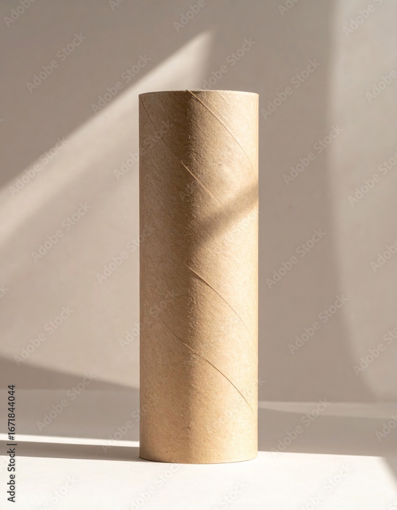 Poster isolated empty cardboard tube in a vertical position with shadow on beige background