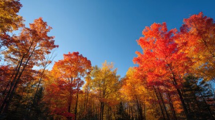 Fototapeta premium A clear blue autumn sky over a forest of trees turning red, orange, and yellow.