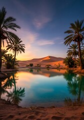Obraz premium Reflections of sunset desert oasis: Tranquil waters mirror sky and palm trees majesty