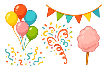 Vector set of party elements. Colorful cartoon collection for celebration, birthday or carnival. Decorative items like balloons, confetti, cotton candy, garland. Festive illustration.