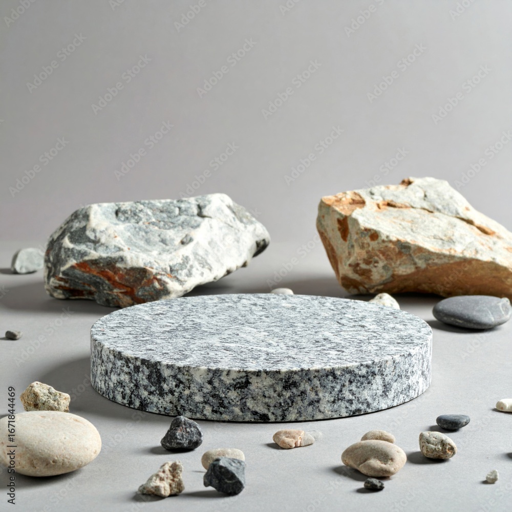 Poster assortment of stones in a round shape product display stand on gray background