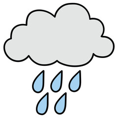 Hand-drawn cartoon cloud and rain on a white background.