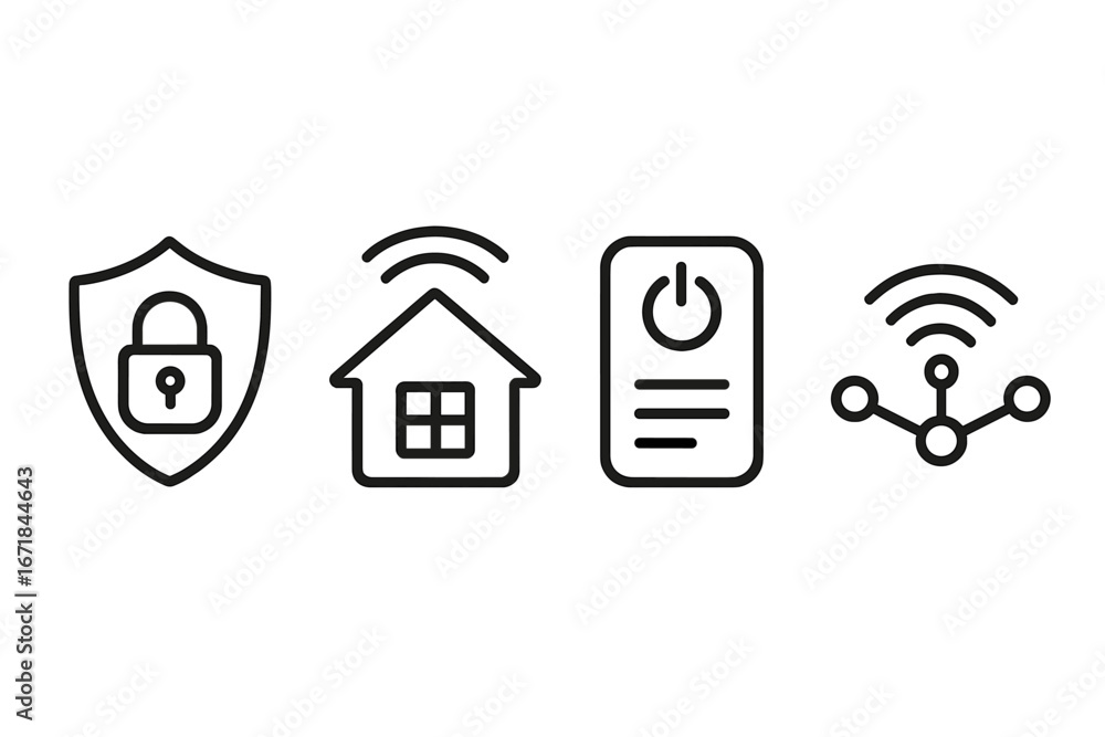 Poster home automation linear icon set. smart home technology concept. security, smart device control, and 
