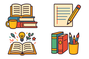 Set of cartoon icons for education and creativity. Vector illustrations of books, writing, learning, and knowledge. Symbols for school, library, study, and inspiration.