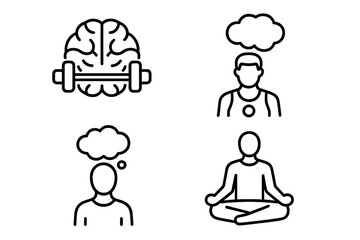 Sports psychology and mindfulness outline icon set. Mental health, brain training, and athlete mindset concept. Vector icons of brain with dumbbell, meditating person, and yoga.