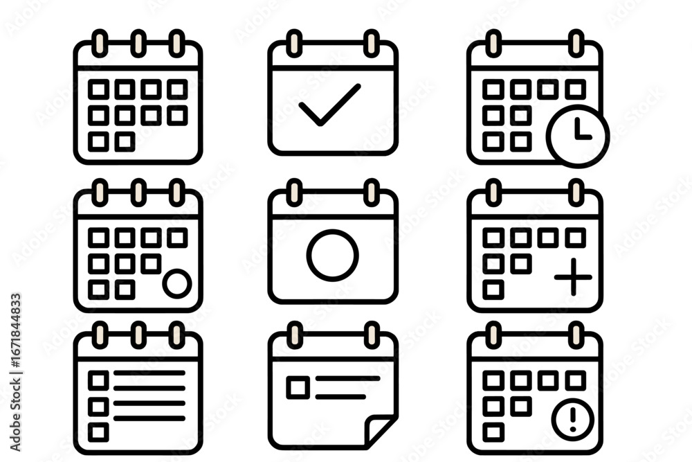 Poster calendar scheduling outline icon set. planner event and date management vector collection. time, rem