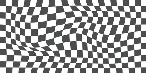 black and white wavy checkerboard background. Retro chess wavy pattern 70s 90s background texture. Retro psychedelic checkered wallpaper. Wavy groovy chessboard surface. Distorted geometric pattern.