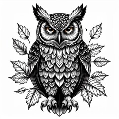 Obraz premium Detailed Black and White Owl Illustration with Leaves Featuring Fine Line Art