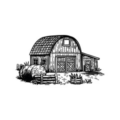 Rustic Farmhouse Barn Illustration with Hay Bales in a Serene Countryside Scene