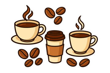 Set of coffee cups and beans vector illustration. Hot coffee drink, espresso, cappuccino for cafe menu design. Morning beverage icons for advertising, branding. Isolated cartoon clip art.
