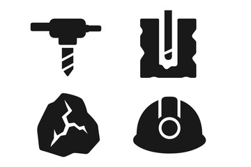 Mining icons set. Solid glyph vector collection for heavy industry. Includes geological drilling, core drill, borehole, rock sample, ore, safety helmet, and jackhammer symbols.