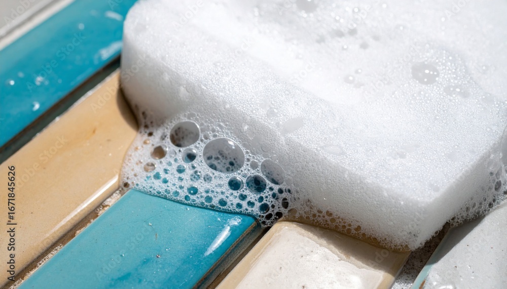Poster close up of white foam sponge on colorful rectangular tiles with bubble texture in bright sunlight