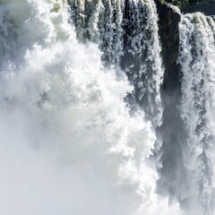 Powerful Waterfall Rushing Down Rocks with Lush Green Vegetation in Natural Daylight