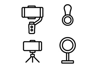 Mobile Photography Gadgets Outline Icon Set of 4 with Smartphone Gimbal, Clip-on Lens, Mini Tripod, and Ring Light Vector Illustration on Transparent Background