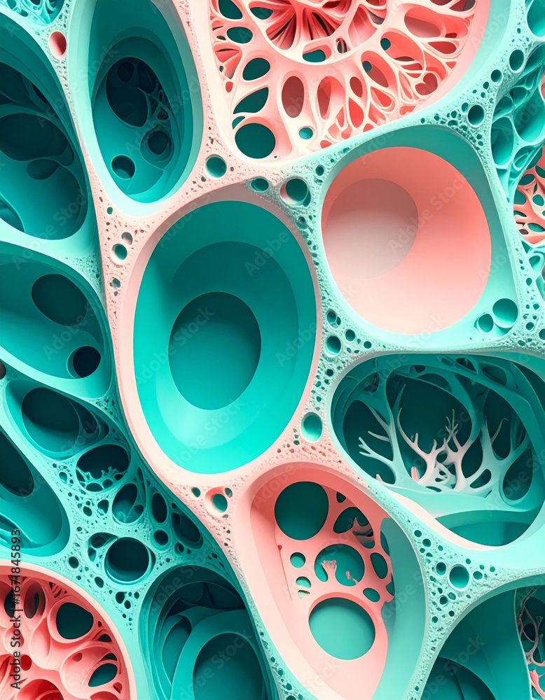 Poster complex abstract background with interconnected turquoise and pink cellular structure