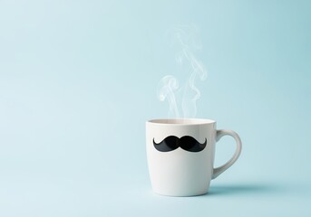 White Coffee Mug with Mustache Design and Steam on Light Blue Background