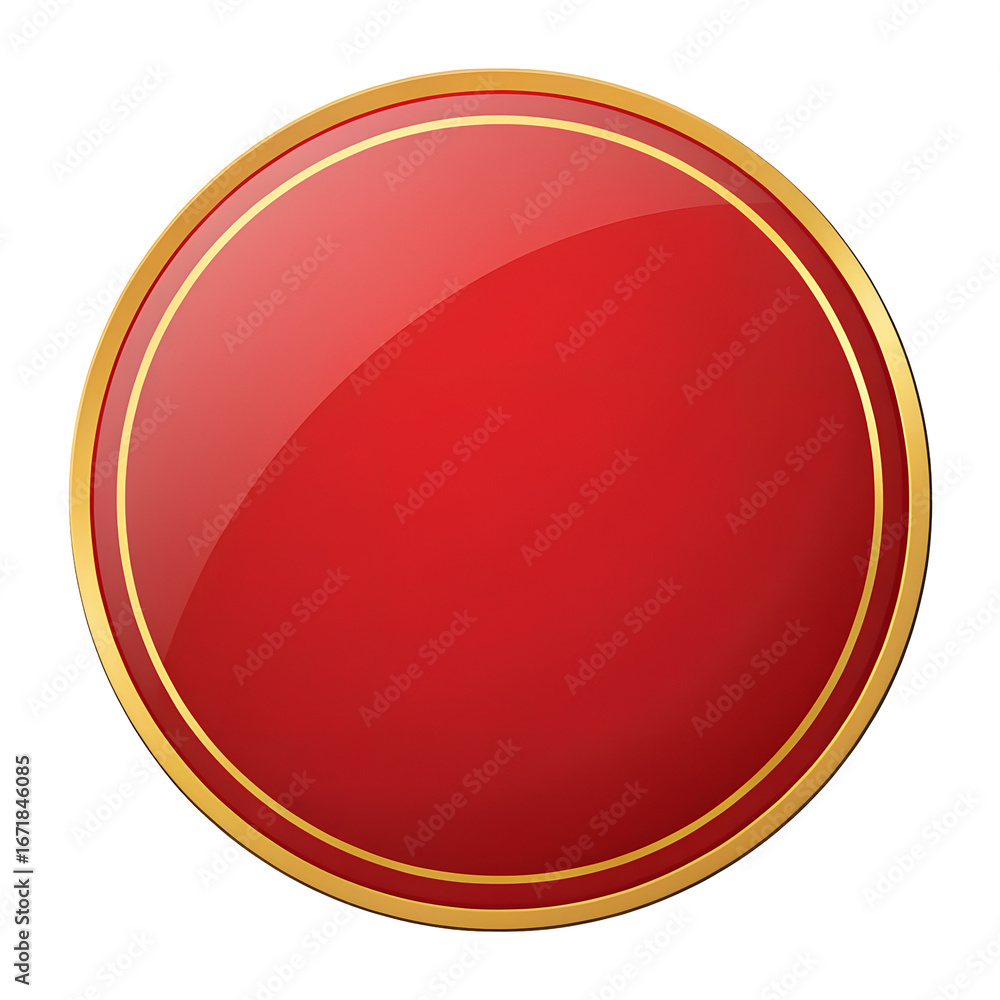Poster glossy red circle emblem with golden border isolated on transparent background