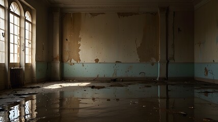 Sunlit Room Interior with Crumbling Walls and Flooded Floor

