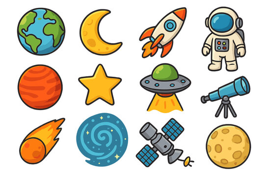 Space icon set. Cartoon vector collection with astronaut, rocket, planet Earth, moon, star, UFO and galaxy. Cute cosmic stickers for kids. Solar system exploration elements.