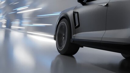 Close-up of the wheels of a modern SUV driving fast through a lighted tunnel. Dynamic strobe lights emphasize the sense of speed and technology.