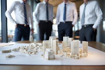 Businessmen examine a city model.