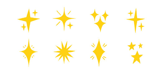 Crayon Star and Moon Doodle Set in Hand-Drawn Style. Includes Spark Yellow Stars